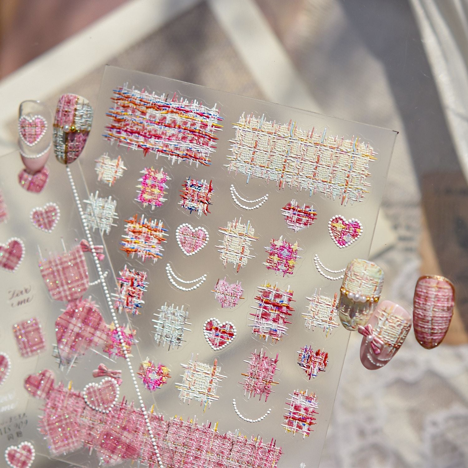 Holographic Tweed Nail Stickers – 3D Embossed Pink & Red Heart Set