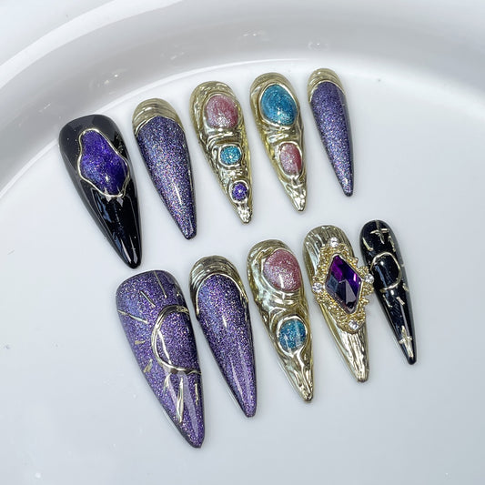 Long-pointed  light luxury heavy industry irregular cat eye handmade press-on nails  sticker｜365nails