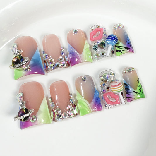 Unhas de bico de pato transparentes francesas multicoloridas, mudança gradual, flash, vestindo armadura pura artesanal, atacado de fábrica｜365nails