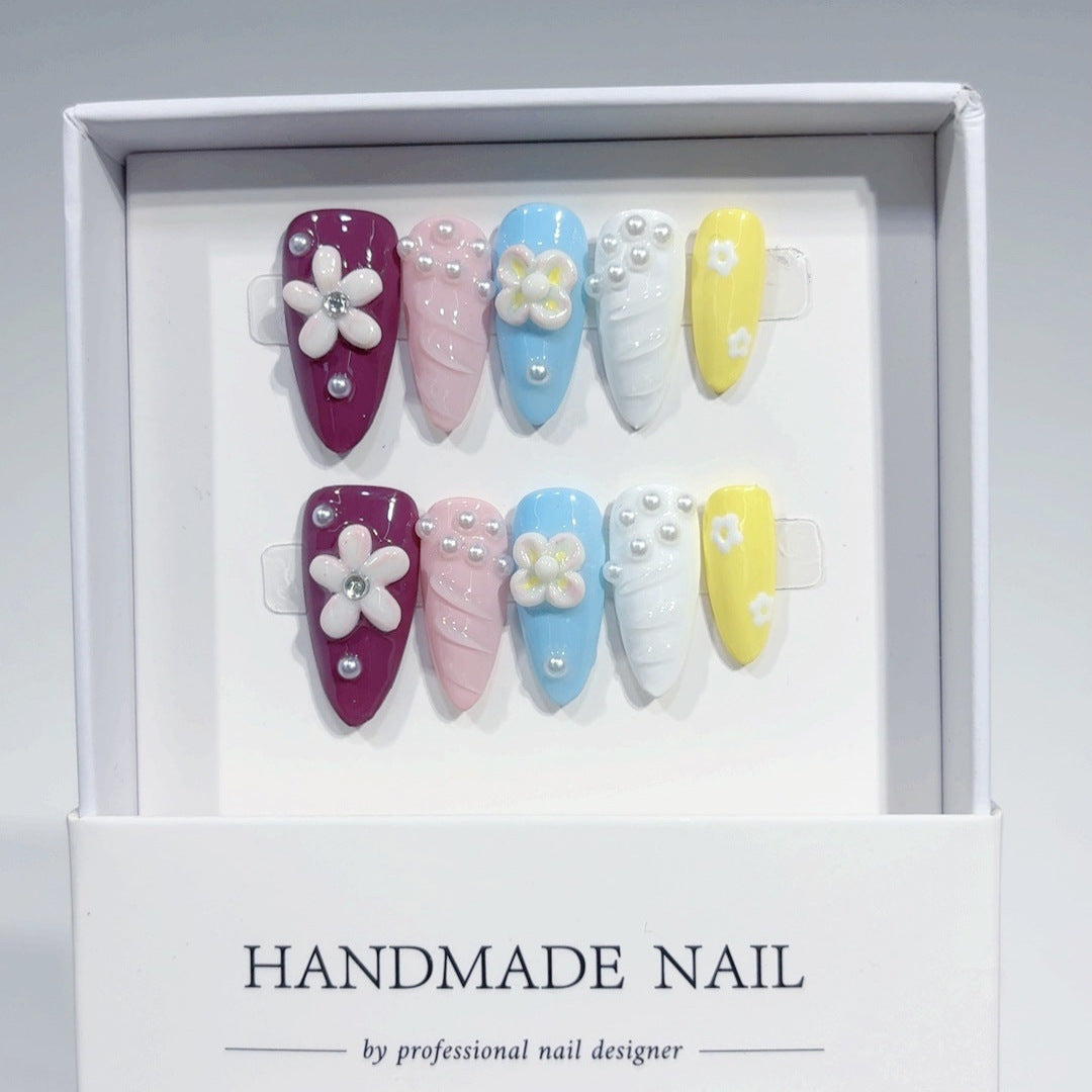 365nails-Pastel Carnival: "Rainbow Floral" – Long Almond Handmade Nails