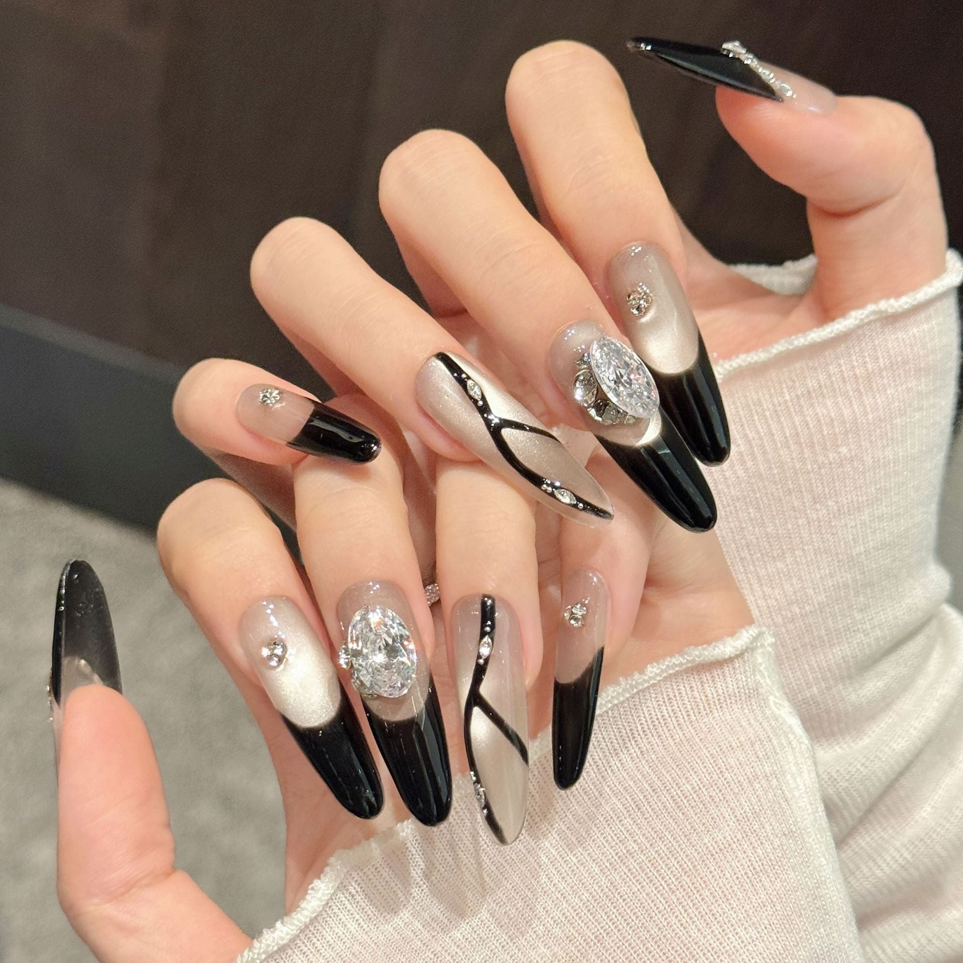 Long Black Silver Nude Elegant Press On Nail Set
