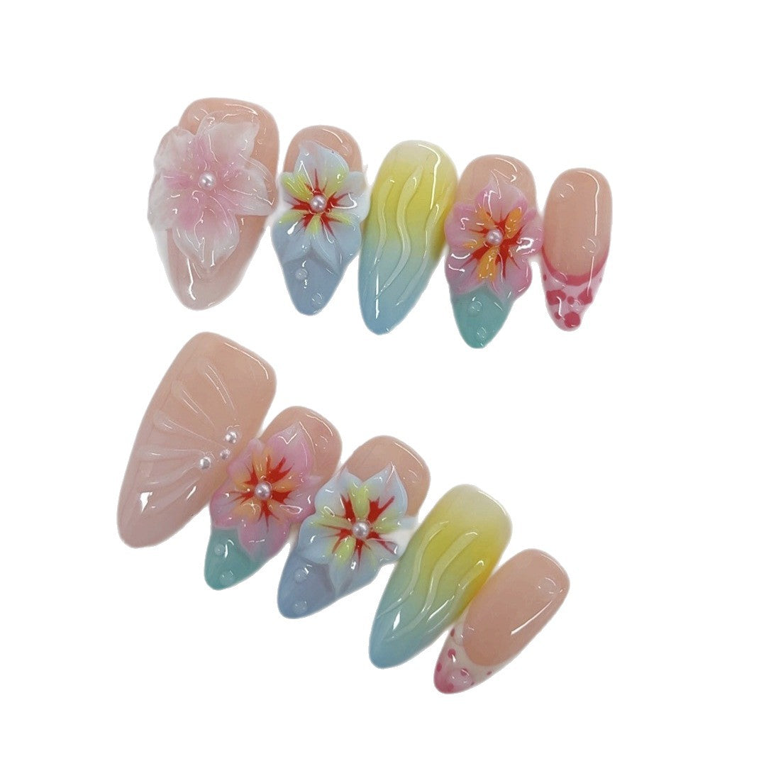 Tropical Bloom: "Gradient Floral" – Almond Press-On Nails