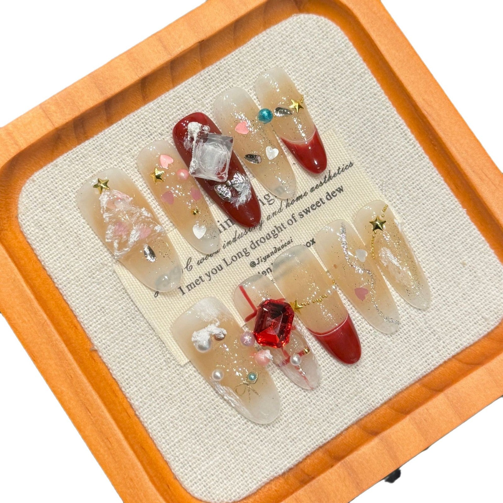 Red and Clear Christmas Press‑On Nails – Crystal Gift & Tree Elegant Design