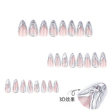 Unhas postiças francesas 3D de prata simples, unhas curtas amendoadas, unhas falsas removíveis, produto acabado, atacado ｜ 365nails