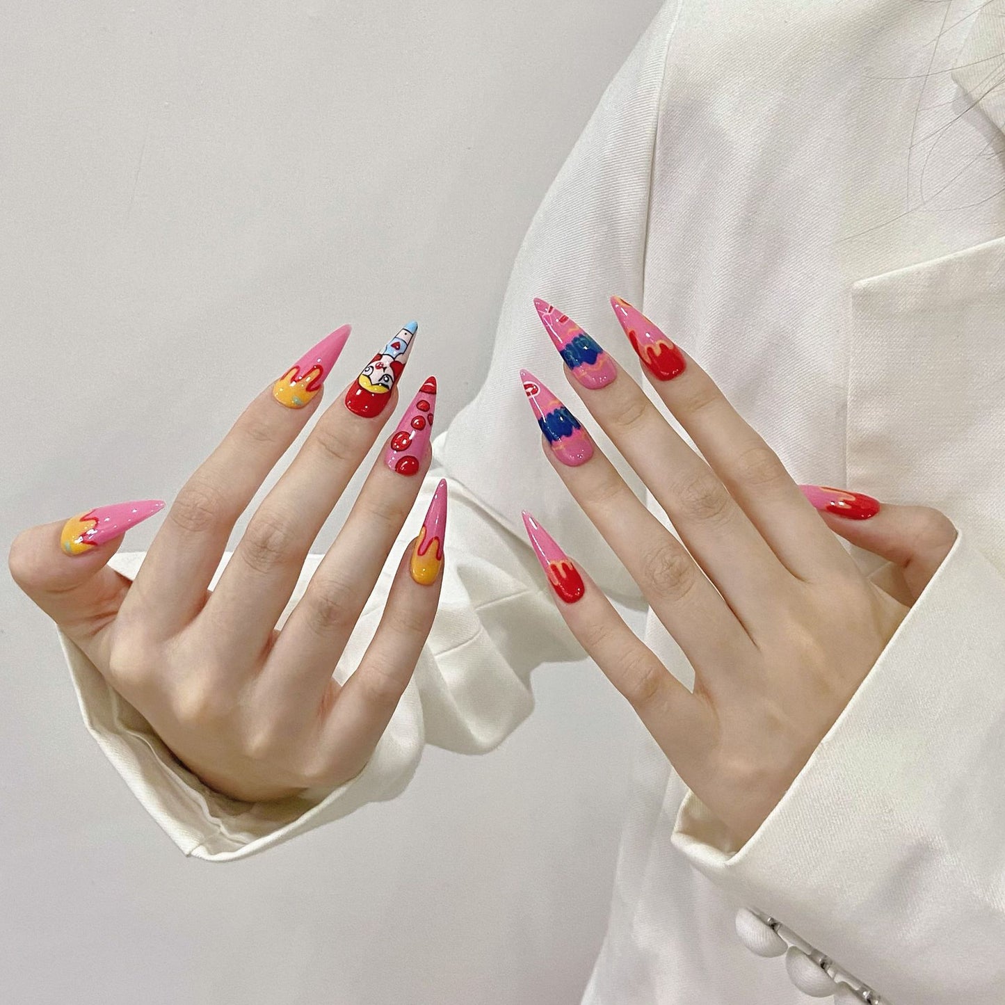 Pink flying policewoman pure hand-painted  nail long water drop pure hand-painted press-on nails  nail art | 365nails