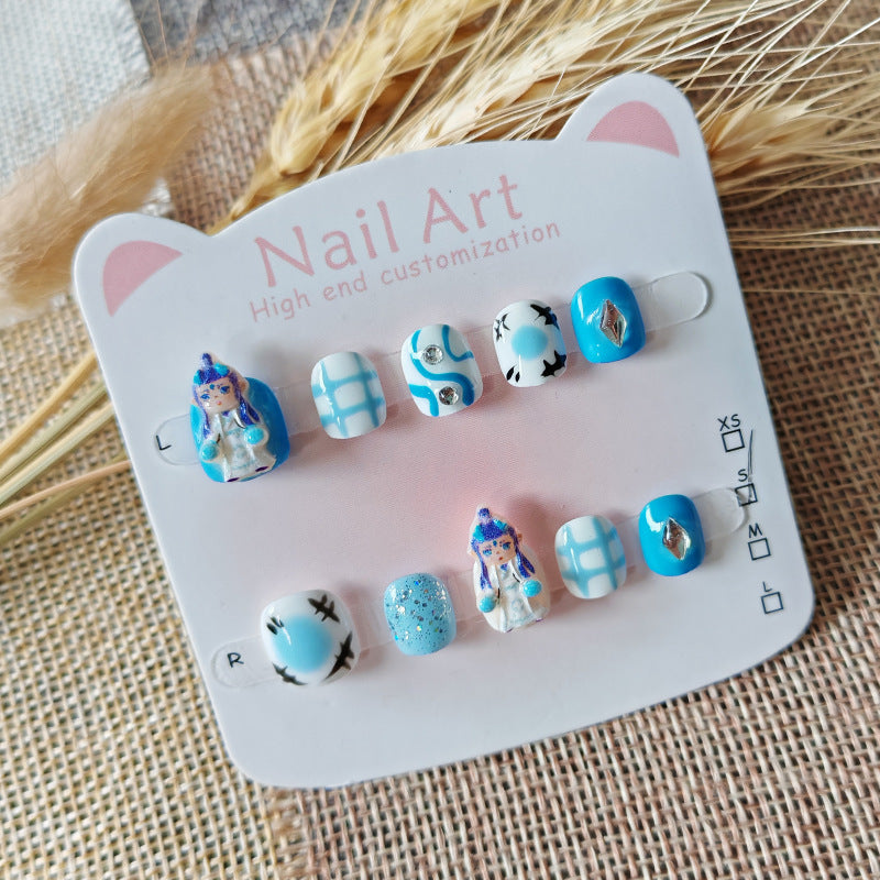 365nails：「藍色小龍王子」—短款方圓形手工製兒童穿戴甲
