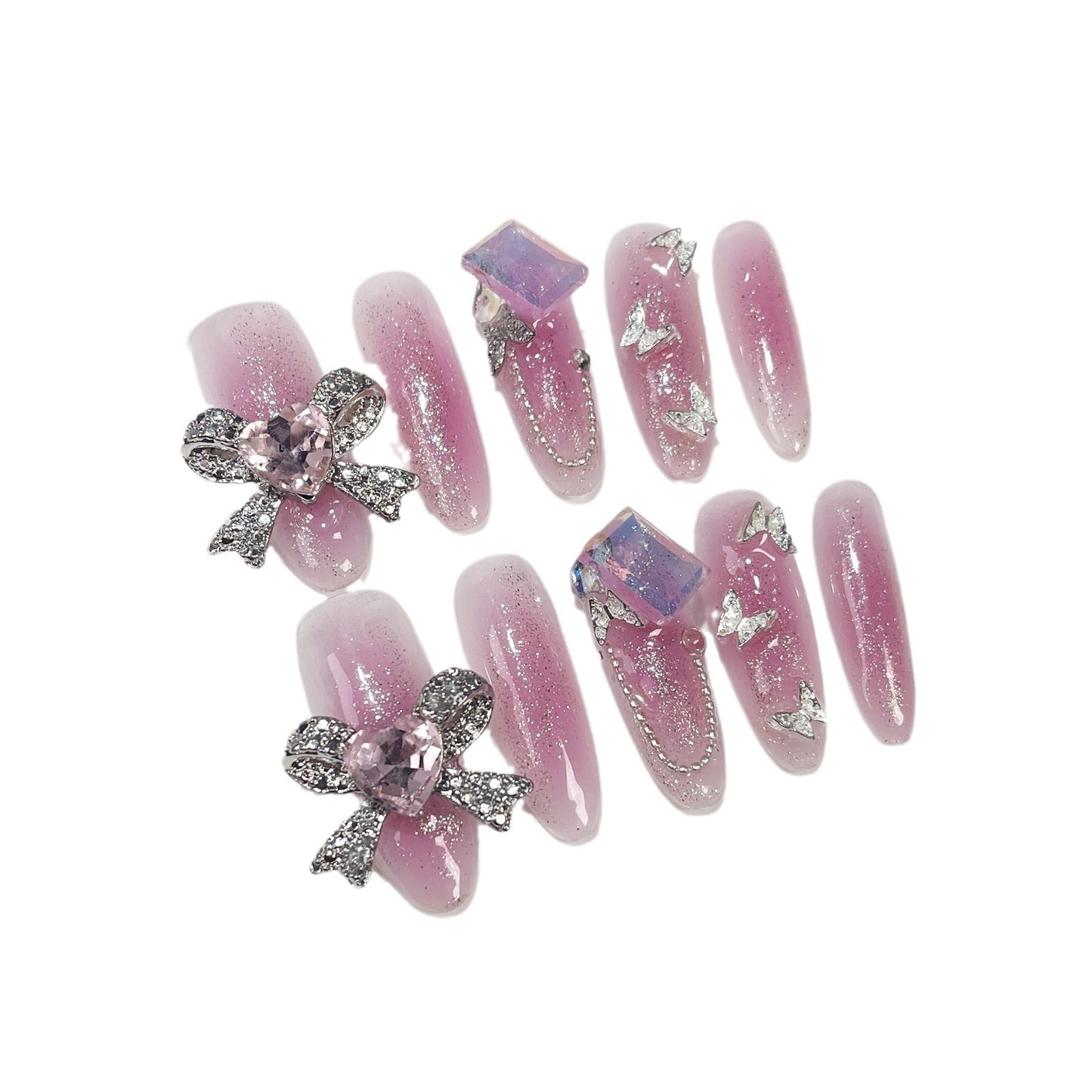Pure handmade press-on nails metal heavy industry bow spray gun blush gradual change medium and long nail art wearable nail sticker｜365nails