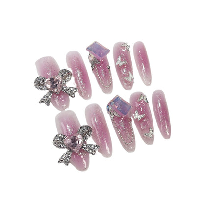 Pure handmade press-on nails metal heavy industry bow spray gun blush gradual change medium and long nail art wearable nail sticker｜365nails