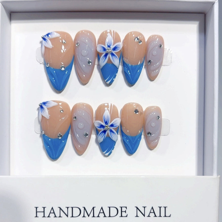 Ocean Bloom: "Blue Lily" – Almond Shape Press-On Nails