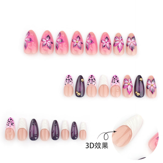 Manicure francesa com estampa de leopardo rosa e borda branca 3D com explosão de flores tridimensionais ｜365nails