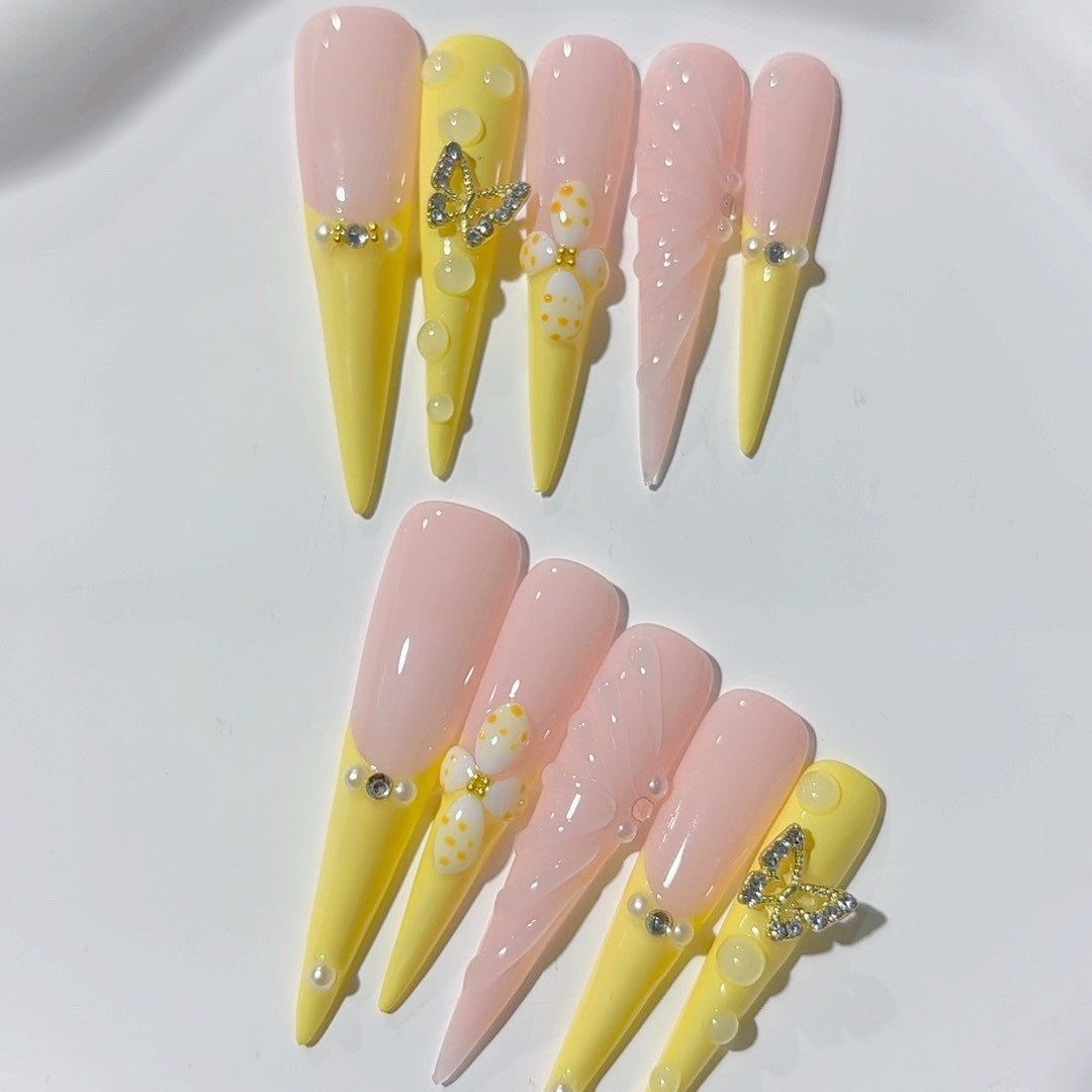 Blush Yellow Butterfly Crystal Press On Nail Set