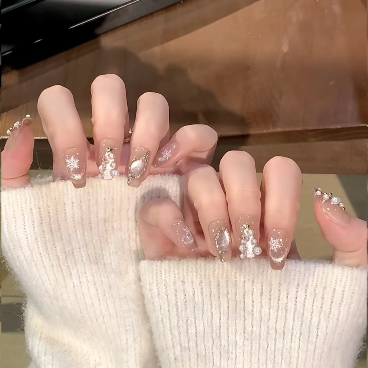 Nude Pink Christmas Press‑On Nails – Snowflake & Star Pearl Design