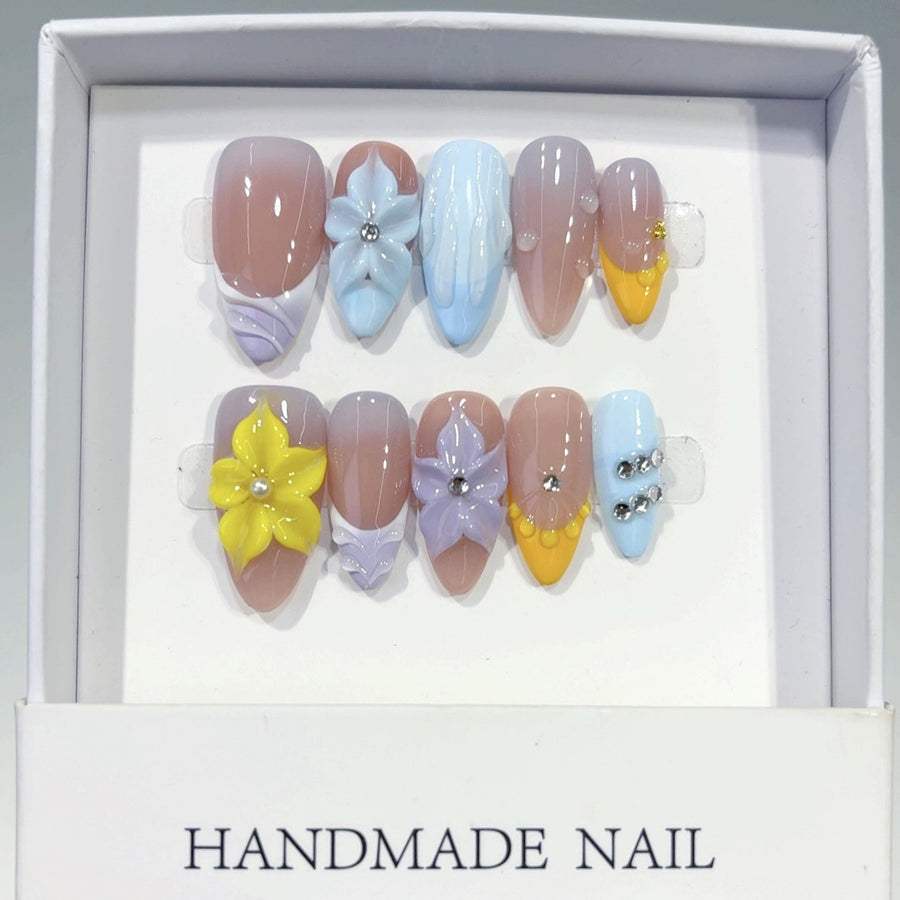 Pastel Bloom: "Colorful Petal" – Medium Almond Handmade Press On Nails