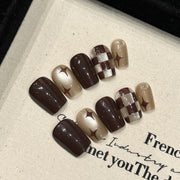 365nails: "Chocolate Starlight" – Hand-Painted Plaid & Starburst Handmade Short Square Nails