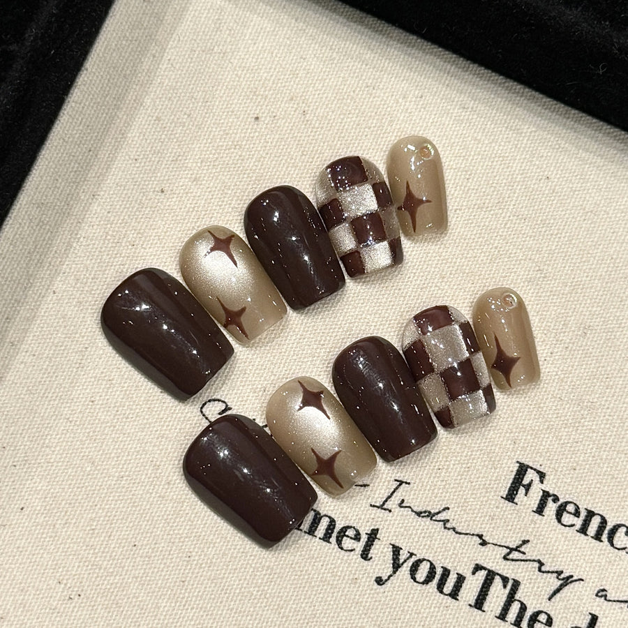 365nails: "Chocolate Starlight" – Hand-Painted Plaid & Starburst Handmade Short Square Nails