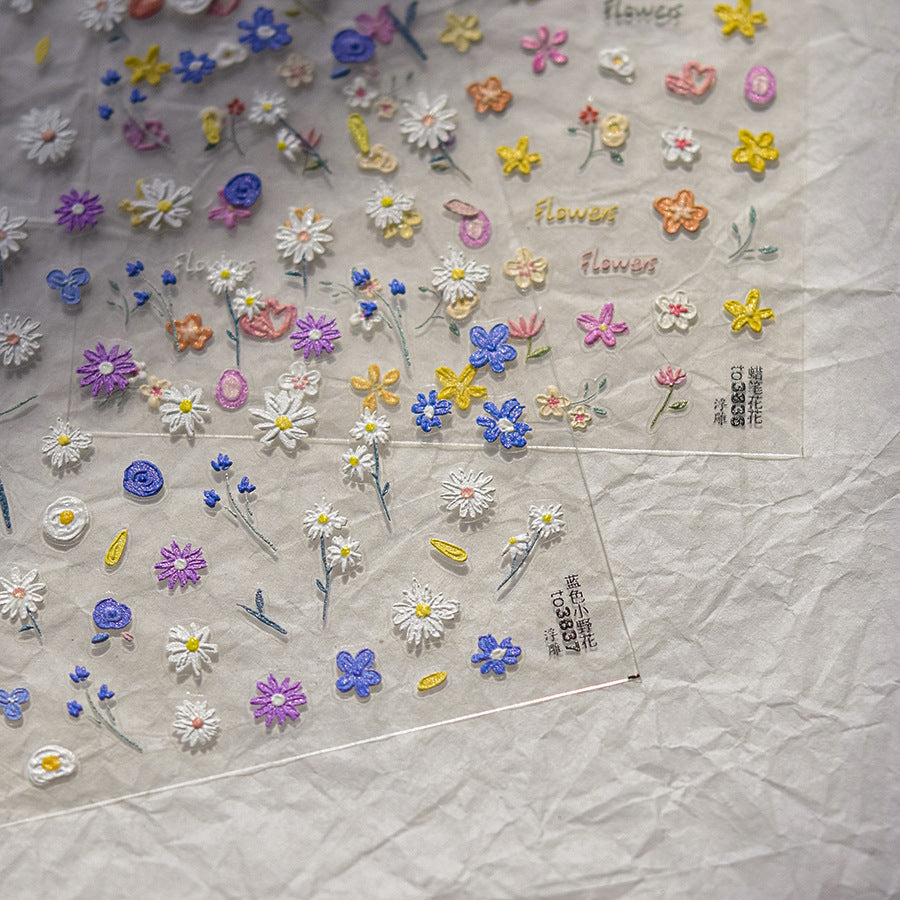 Purple Wildflower & Daisy: "Meadow Bloom" – 5D Embossed Nail Sticker