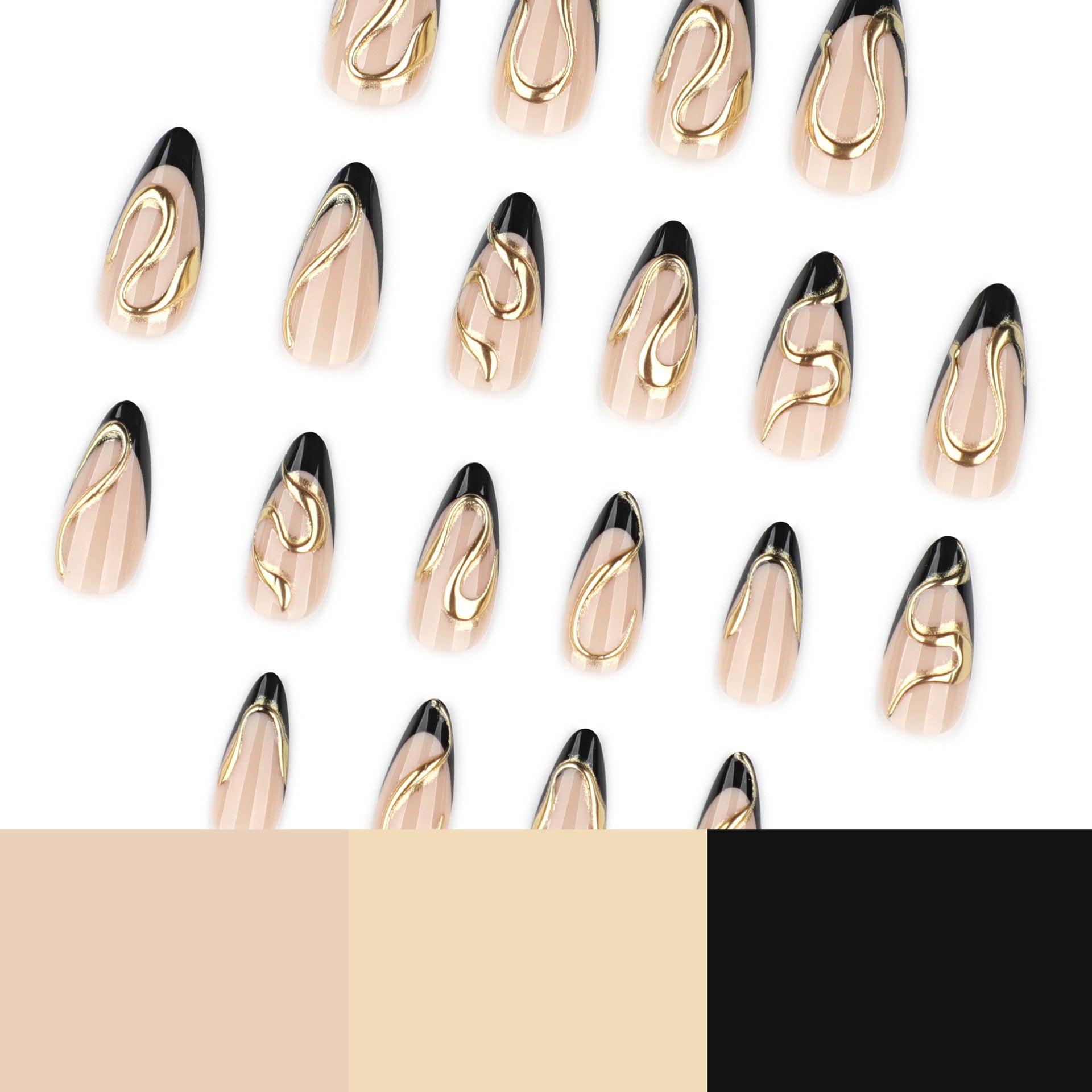 Long Almond Press On Nails with Nude Base & Black French Tip & Gold Line Accents