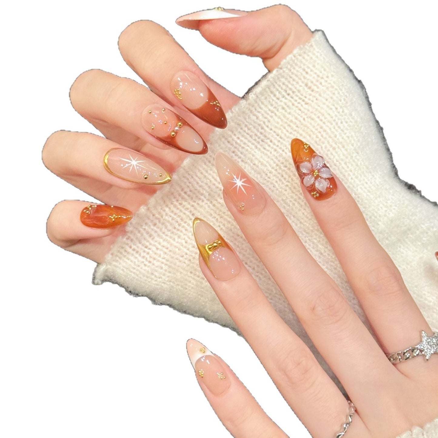 Peach Gold Gradient Floral Press On Nails
