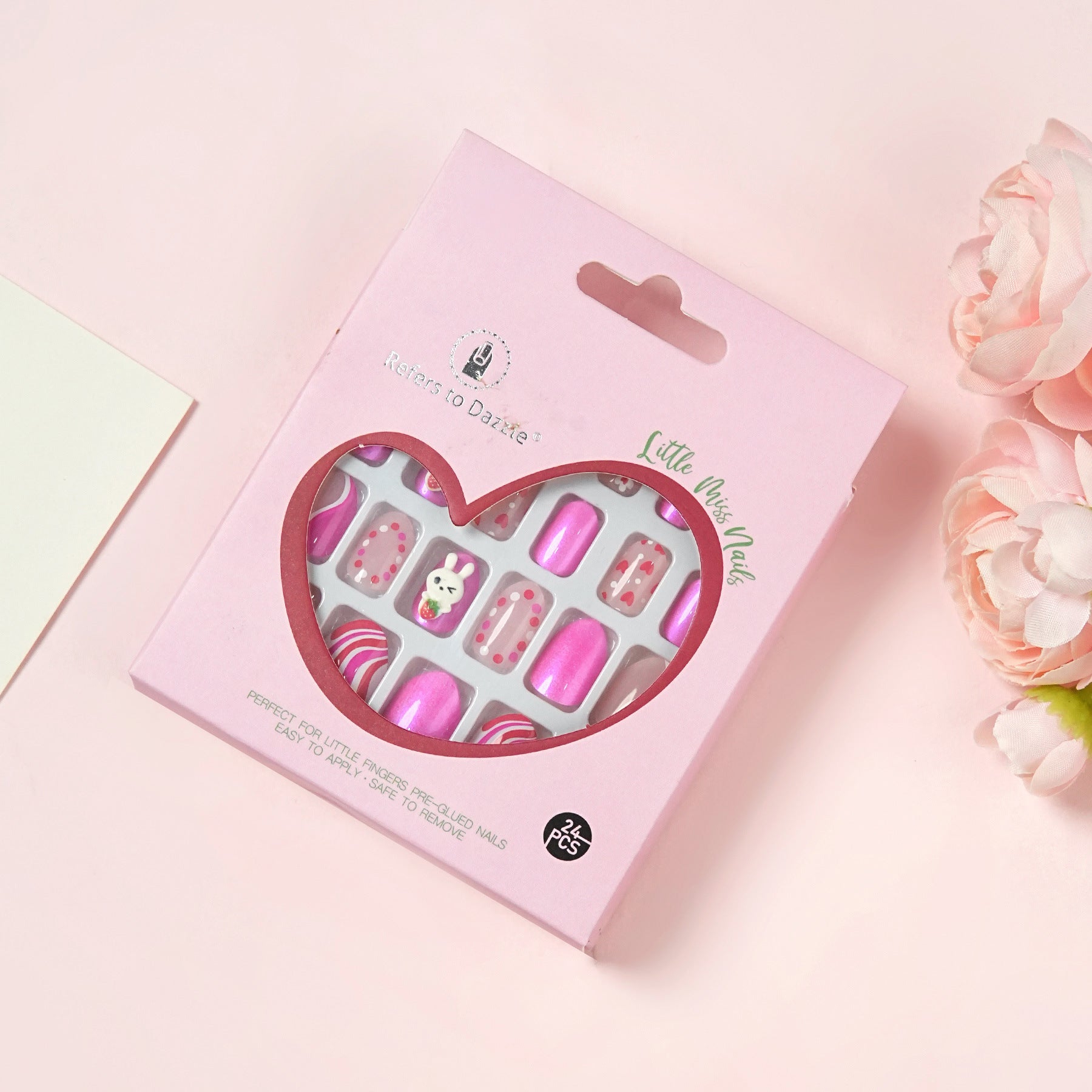 Kids press-on nails Pointed head round head almond cartoon with drill 24 pieces with jelly glue