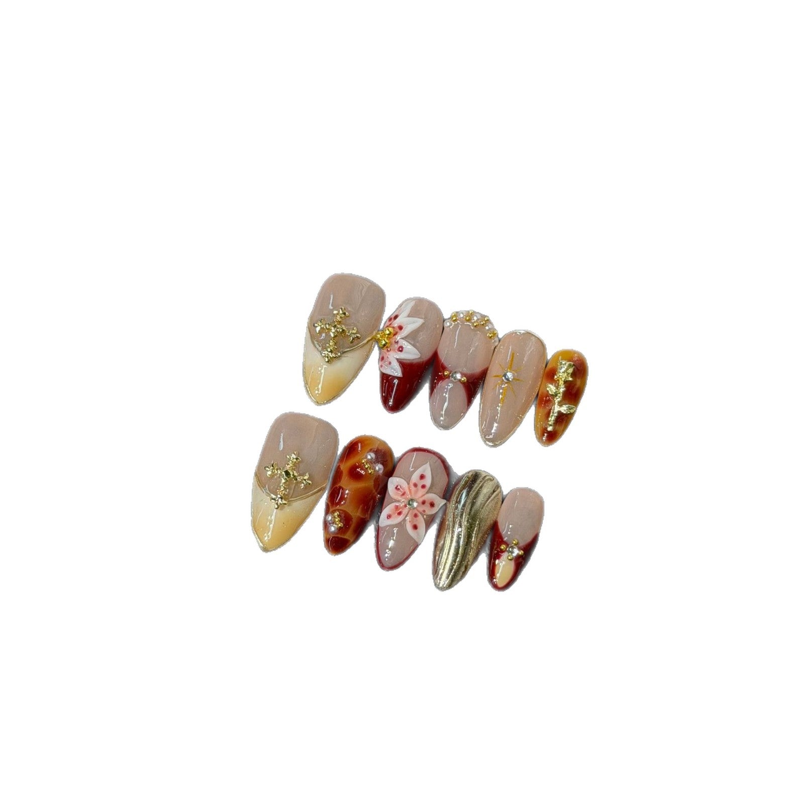 365nails: « Fleur d'Ambre » – Ongles en amande mi-longs faits main avec fleurs 3D et motifs métalliques