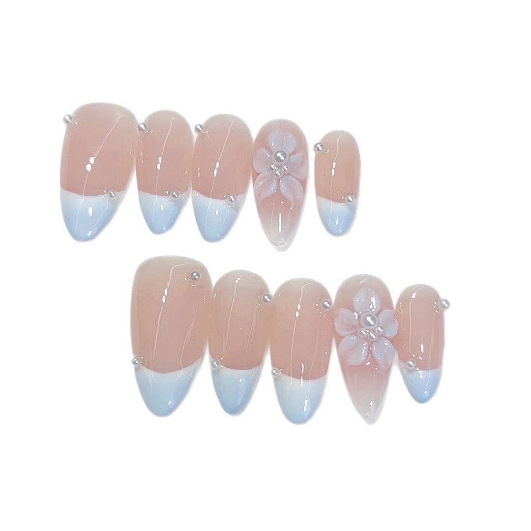 Blue Bloom: "Nude Blue French Flower" – Almond Shape Handmade Press-On Nails