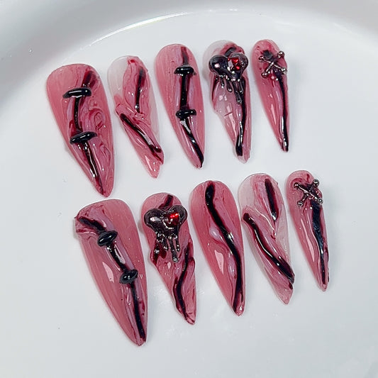 Handmade press on nails Halloween in Europe, America, Niche Knife Cutting Broken Atmosphere Sense Personality Creative Nail Art｜365nails