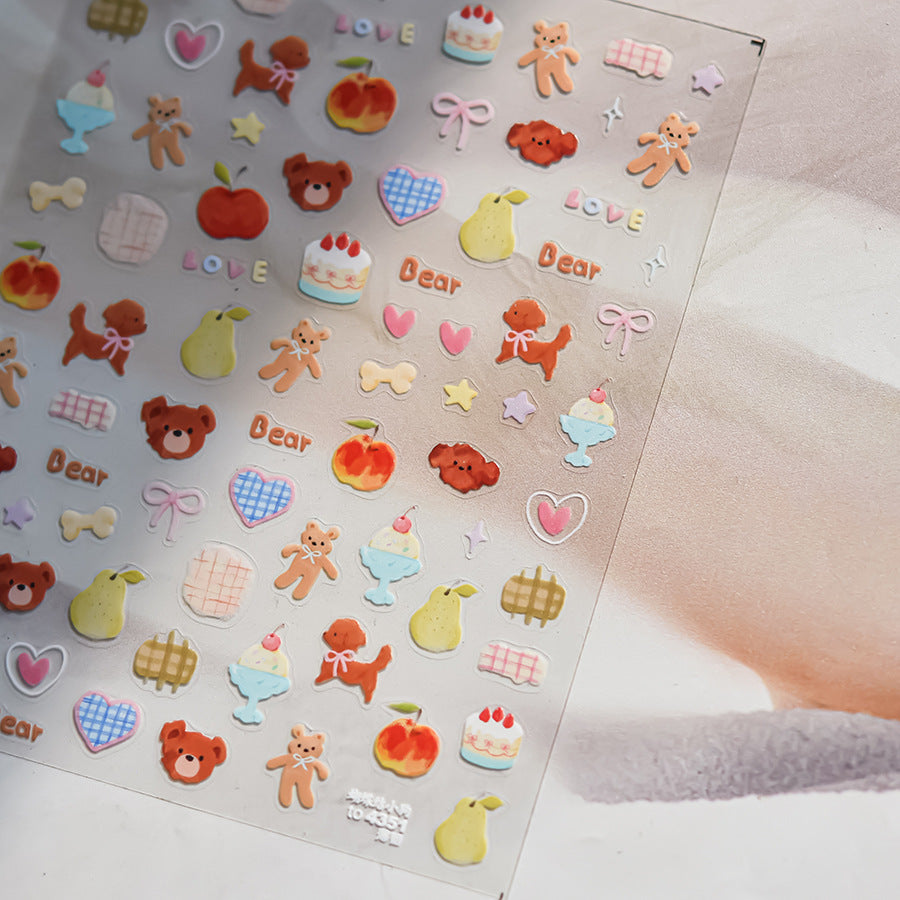 Cute Teddy Bear & Fruit: "Cozy Sweet Toy Box" – 5D Embossed Nail Sticker