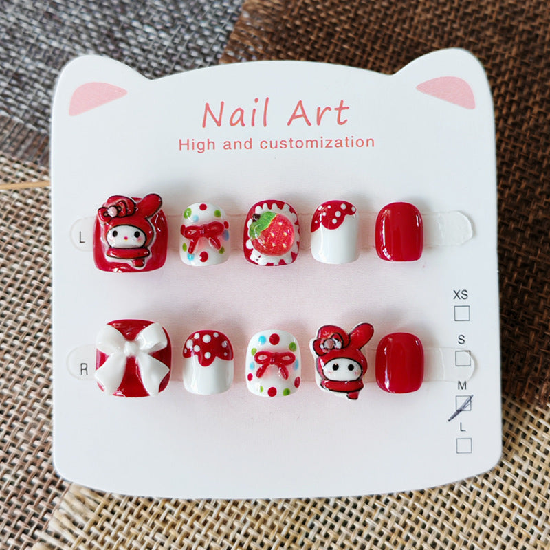 365Nails: "Strawberry Melody Fest" – Handmade Cute Short Square Press On Nails With My Melody & Strawberry Design
