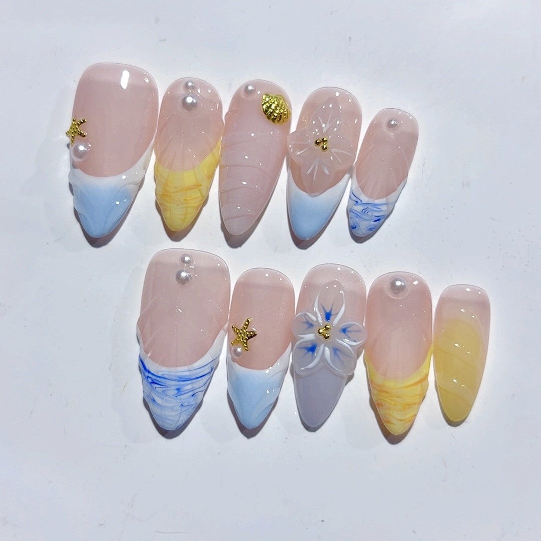 365nails-Serenidade à Beira-Mar: "Brisa do Oceano" – Unhas Postiças Amêndoas