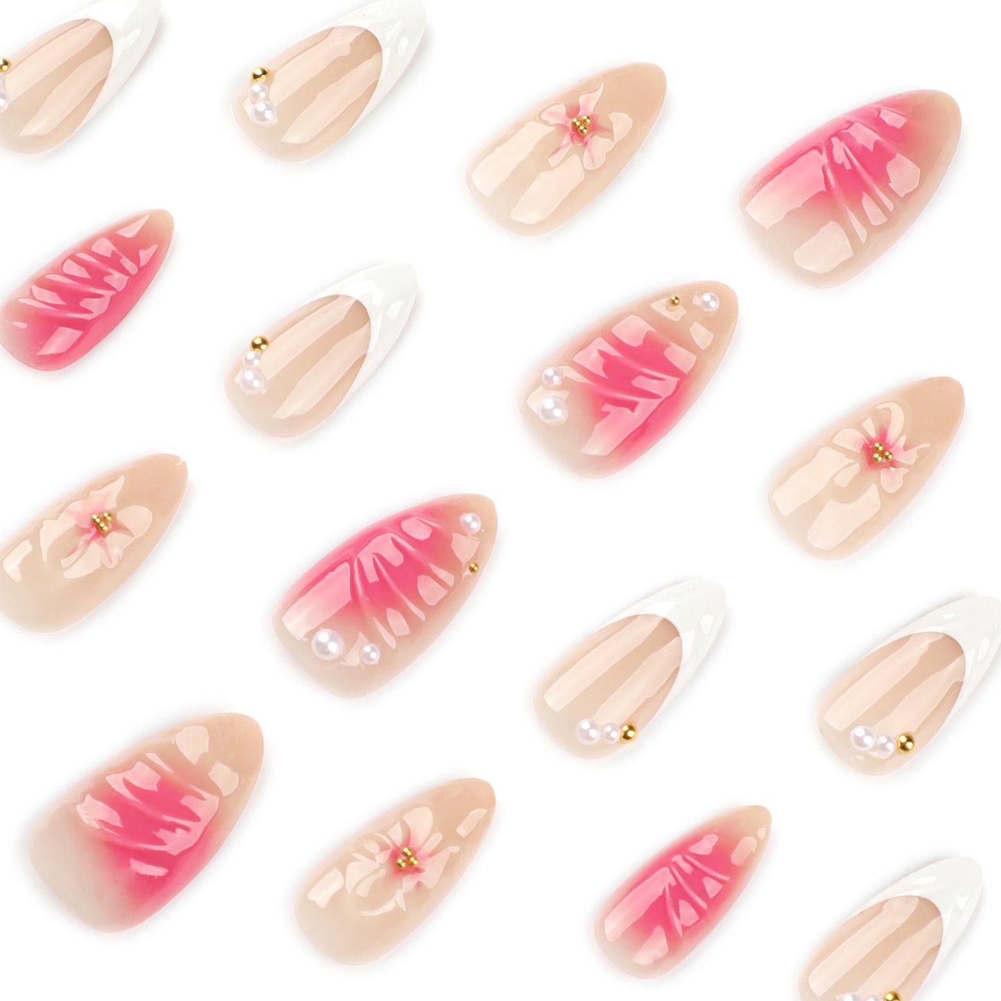Blush 3D Stereo Flower Short Almond press-on nails