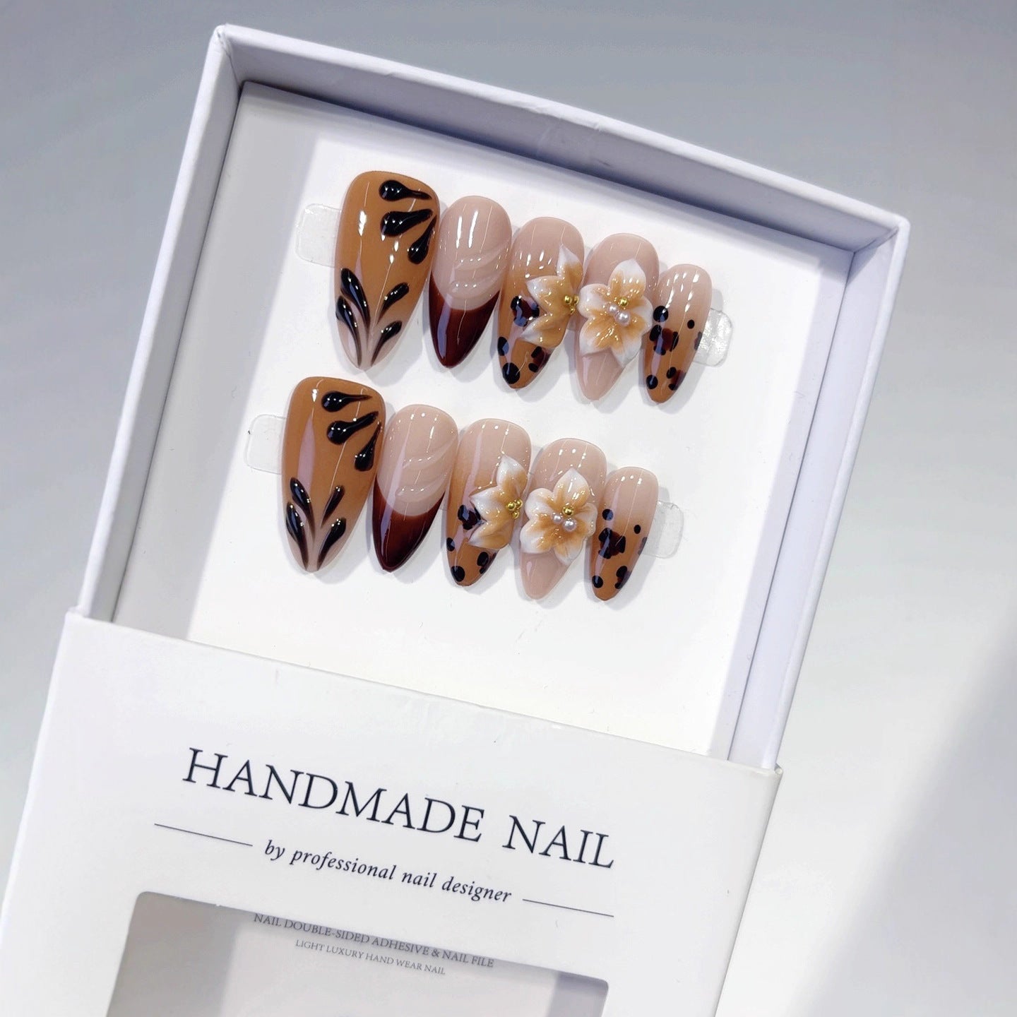 Amber Bloom: "Leopard & Flower" – Long Almond Handmade Press On Nails
