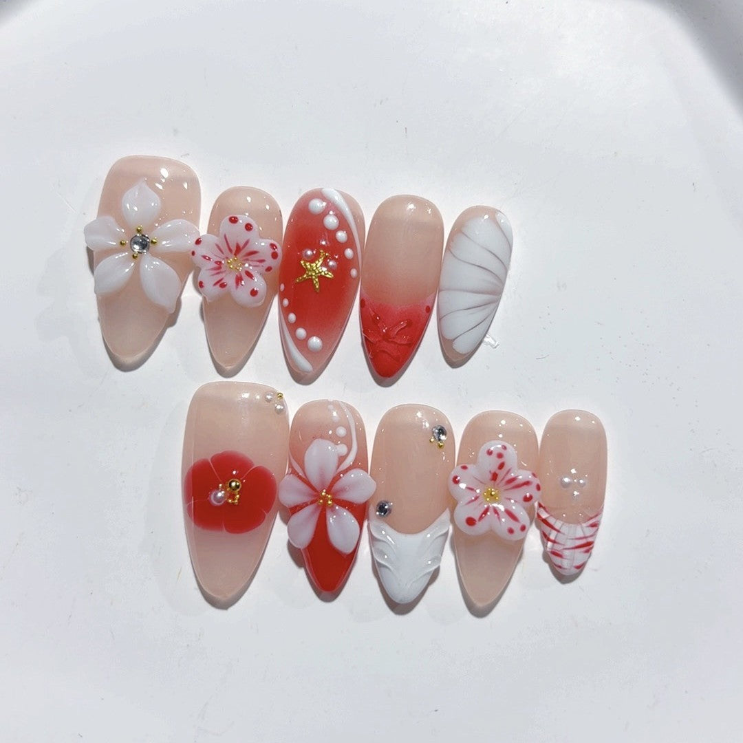 Floral Élégant : "Scarlet Camellia Whisper" – Amande Mi-Long Dégradé Nu et Rouge Press-On Faits Main