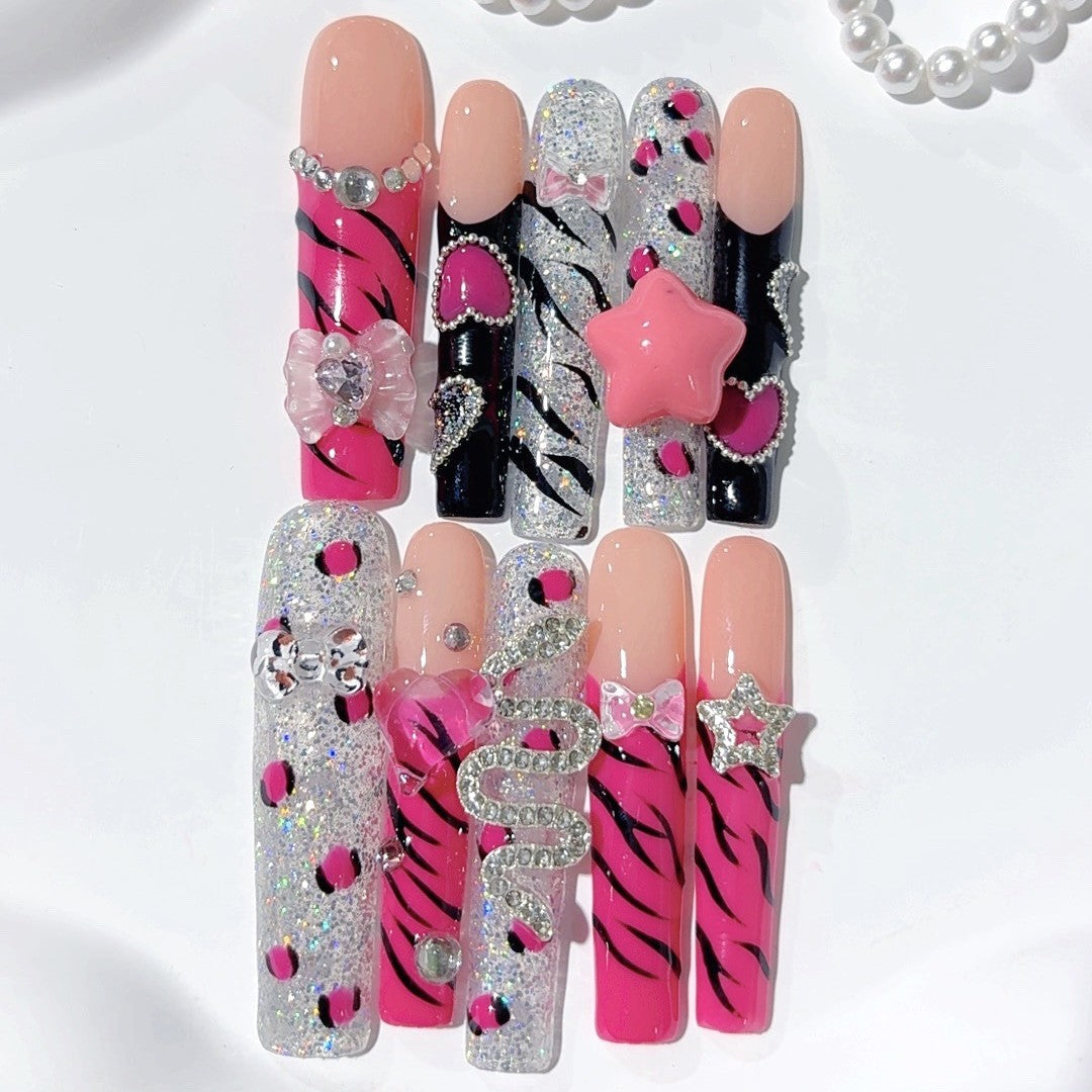 Pink Glitter Zebra Star Press On Nail Set