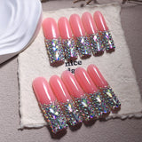 Pink Jelly Long Nails with AB Crystal Glam Tips