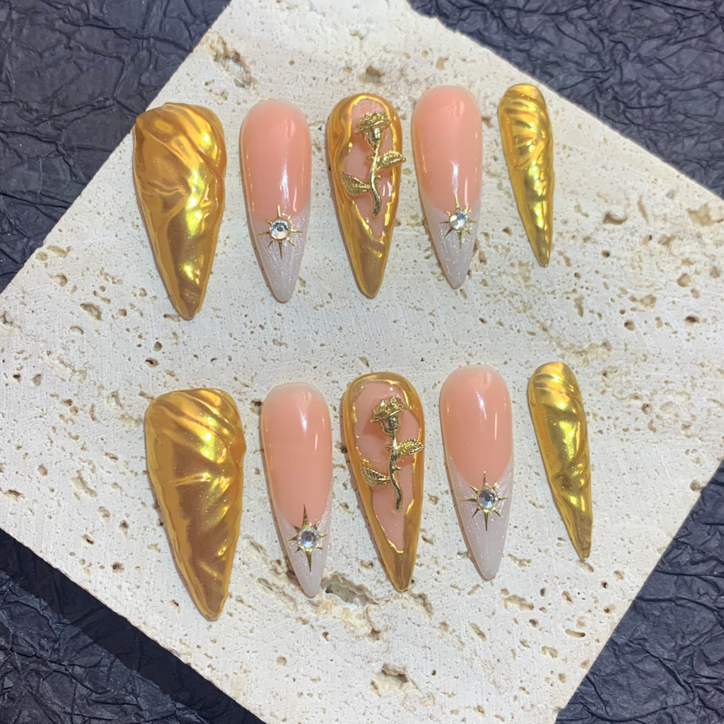 金玫瑰立體雕花奢華尖形穿戴甲