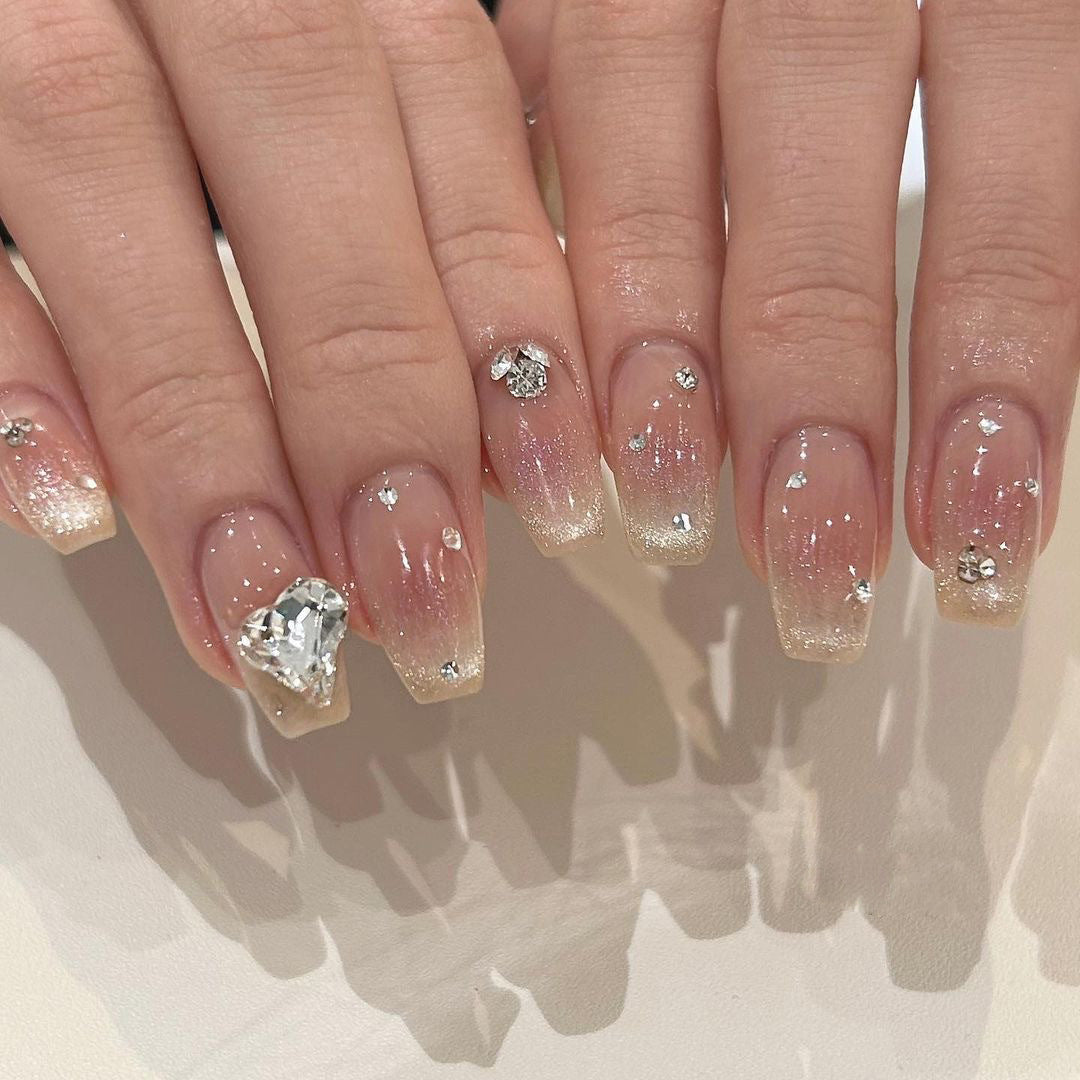 Nail piece  gray pink cat eye love rhinestone stack drill  piece False nail removable finished product｜365nails