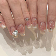그레이·핑크 캣아이 하트 라인스톤 스택 장식 탈착형 프레스온 네일 피스 완제품｜365nails