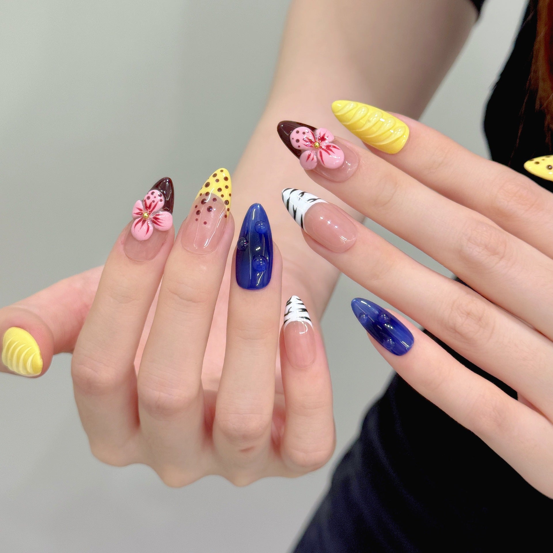 Color Mix Press‑On Nail Set with 3D Flower Design