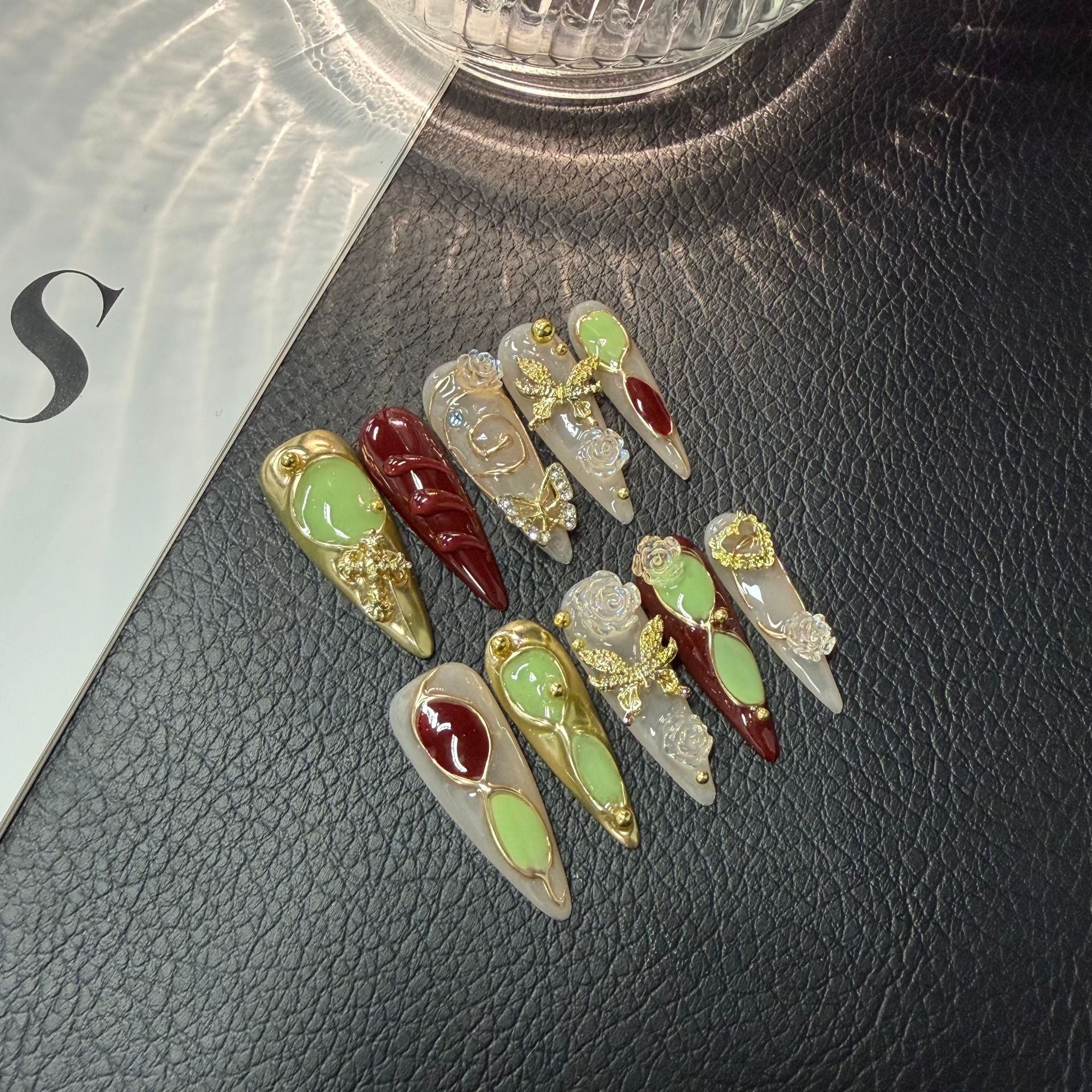 365nails: "Imperial Garden" – 3D Butterfly & Rhinestone Handmade Long Stiletto Nails