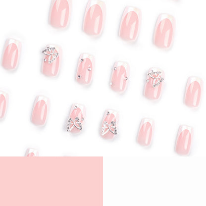 French white edge manicure piece Pure desire butterfly flash diamond  Rectangular nail ｜365nails