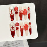 Red Floral Glitter Pearl Accent Elegant Press On Nails