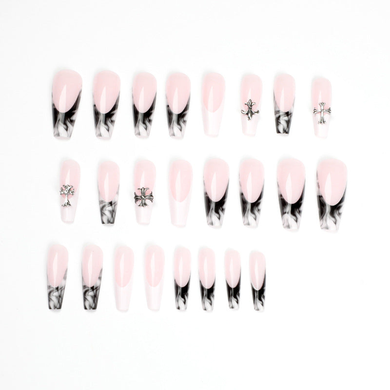 프렌치 블랙·화이트 스머지 크로스 롱 발레리나형 프레스온 네일 조각(도매)｜365nails