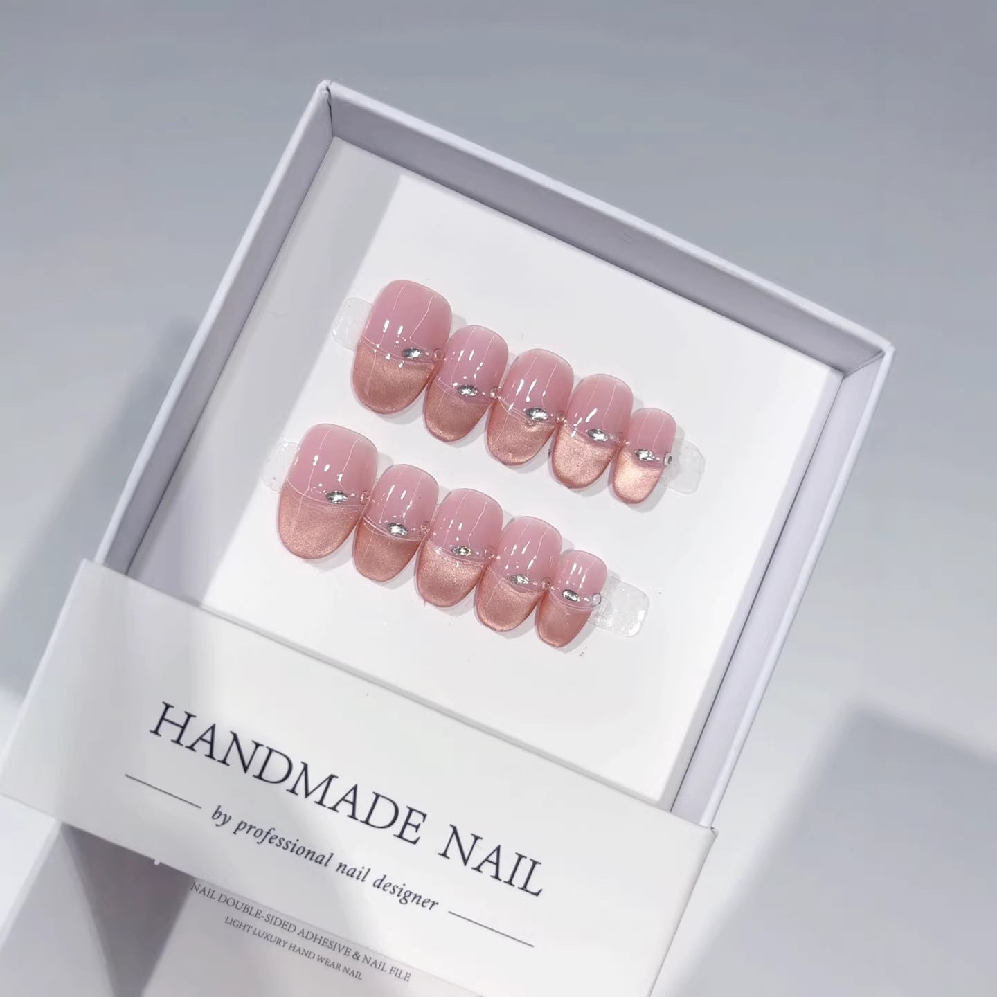 Pink Glow: "Nude Pink Rhinestone" – Square Shape Handmade Press-On Nails
