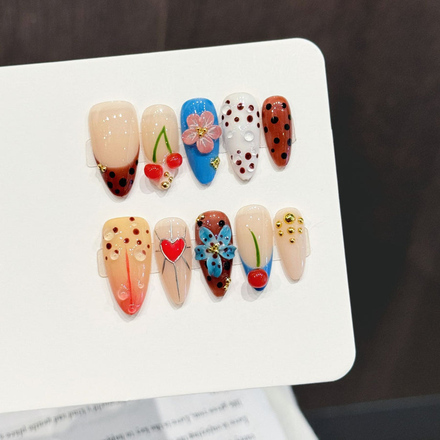 365nails: "Summer Fruit Salad" – 3D Fruit & Floral Handmade Almond Nails