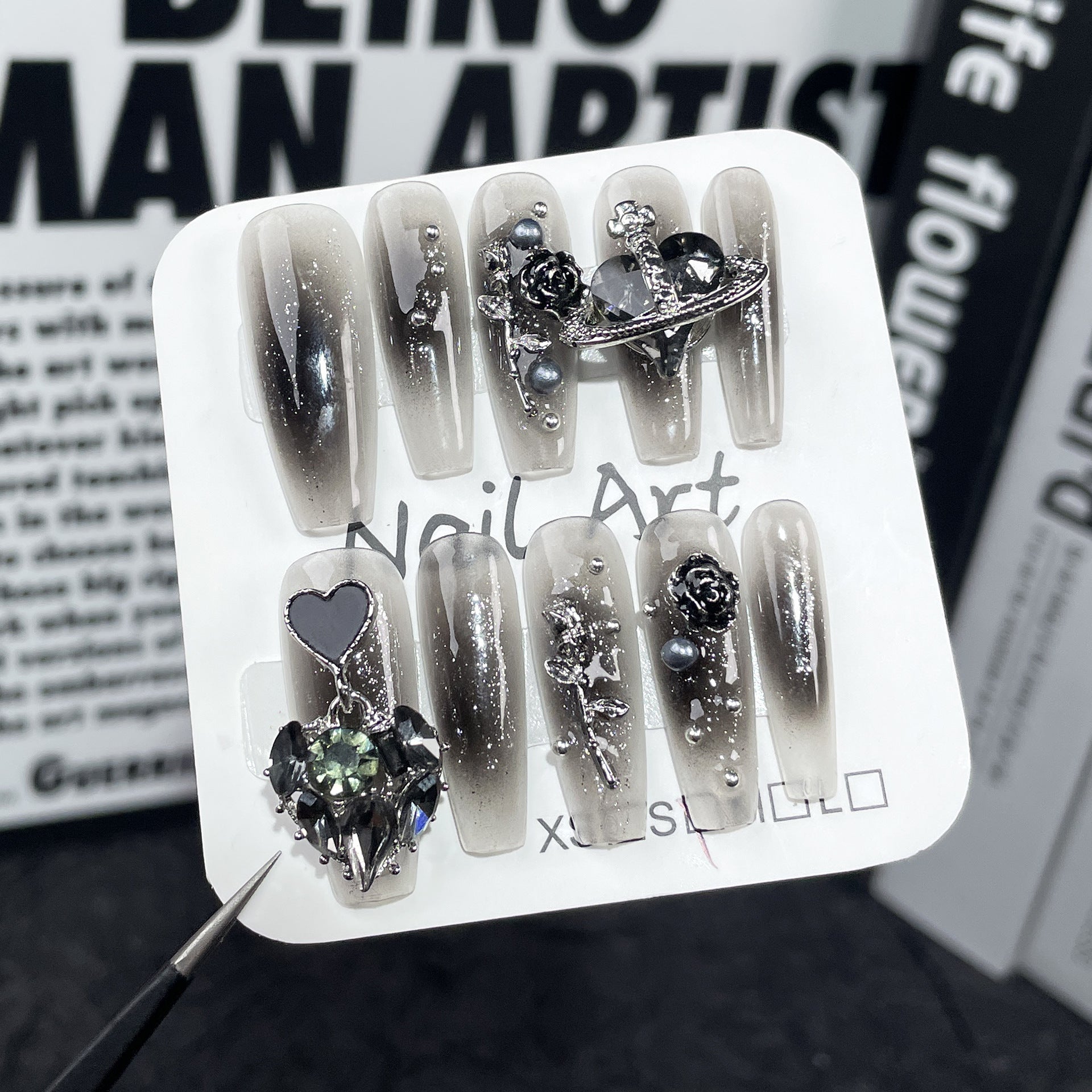 Handmade Press-on Nails spray gun black gills pure desire rose long nail patch flash love wearable nail sticker｜365nails