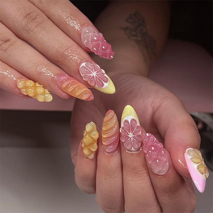 3D three-dimensional fruit  French lemon orange  fresh short almond nail piece wholesale｜365nails
