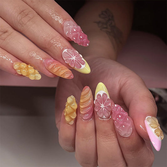 3D three-dimensional fruit  French lemon orange  fresh short almond nail piece wholesale｜365nails