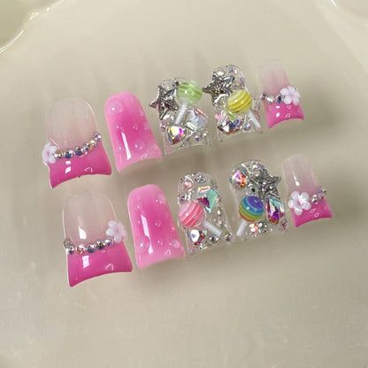 Duck bill nail sweet and cute ice transparent blush nail candy dream flash handmade press on nails wholesale｜365nails