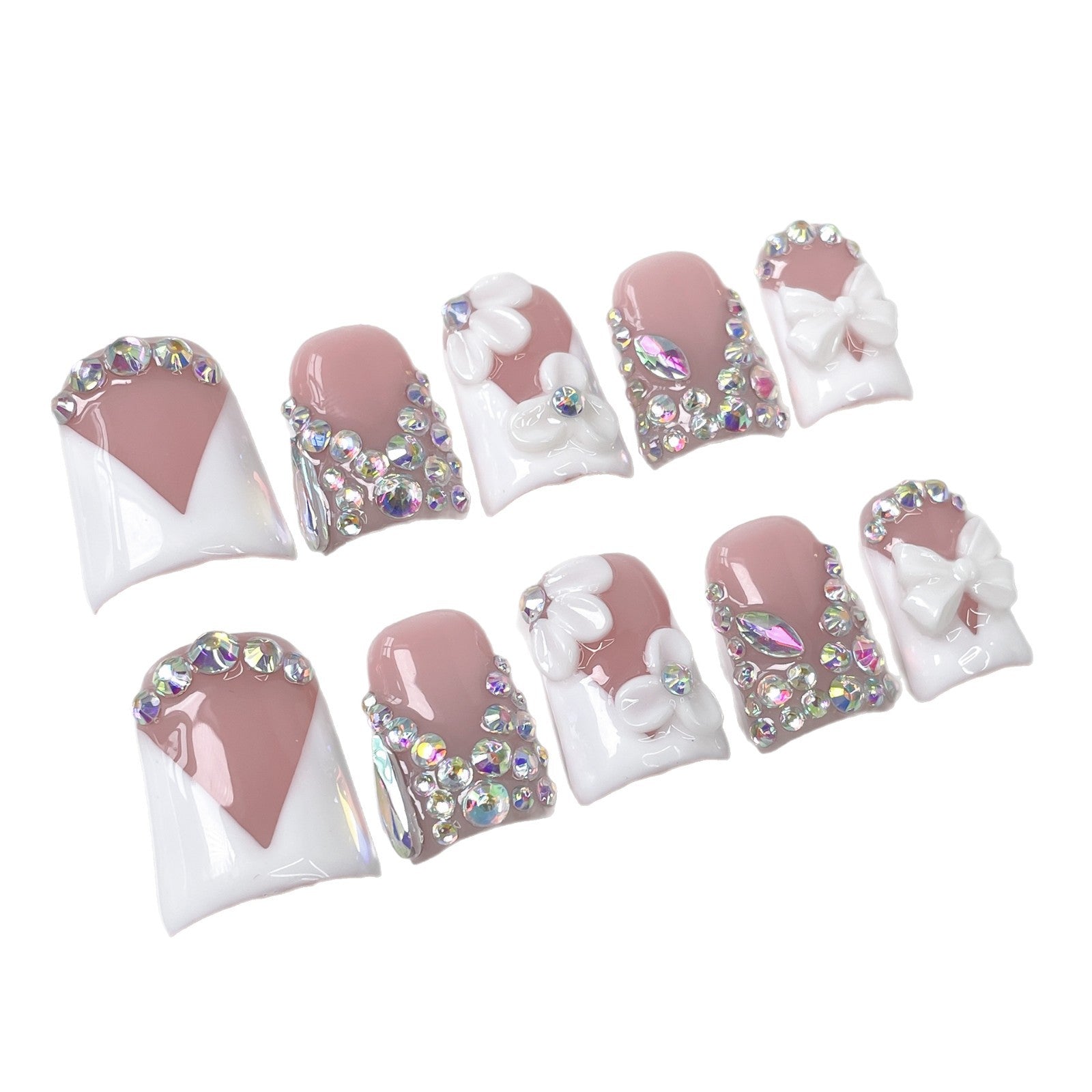 Unhas de bico de pato transparentes, francesas, com remendo de diamante completo, tridimensional, para unhas postiças, feitas à mão pura｜365nails