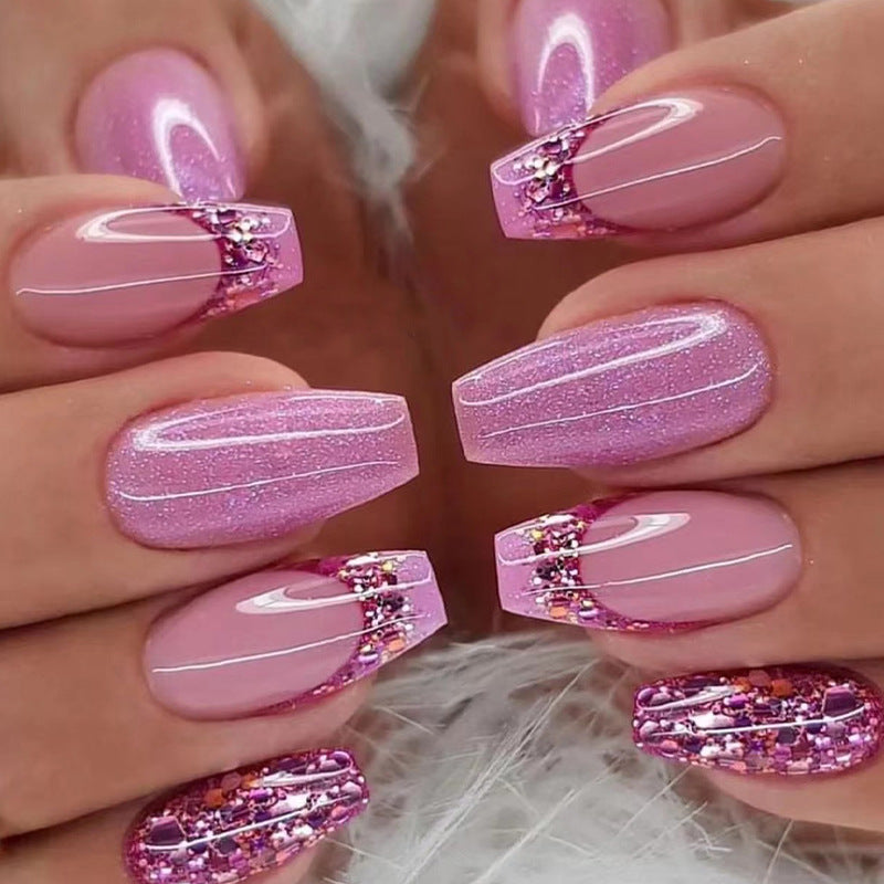 Pó para unhas postiças Glitter roxo Arte de unha francesa com lantejoulas Adesivo de unha vestível Peça de arte de unha Unha removível finalizada ｜365nails